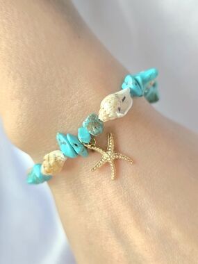 Turquoise & Natural Shell Bead Bracelet w/ Gold Starfish Charm - Women Jewelry
